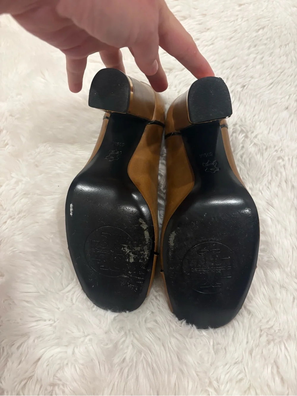 Tory Burch Tan Leather Logo Peep-Toe Heels